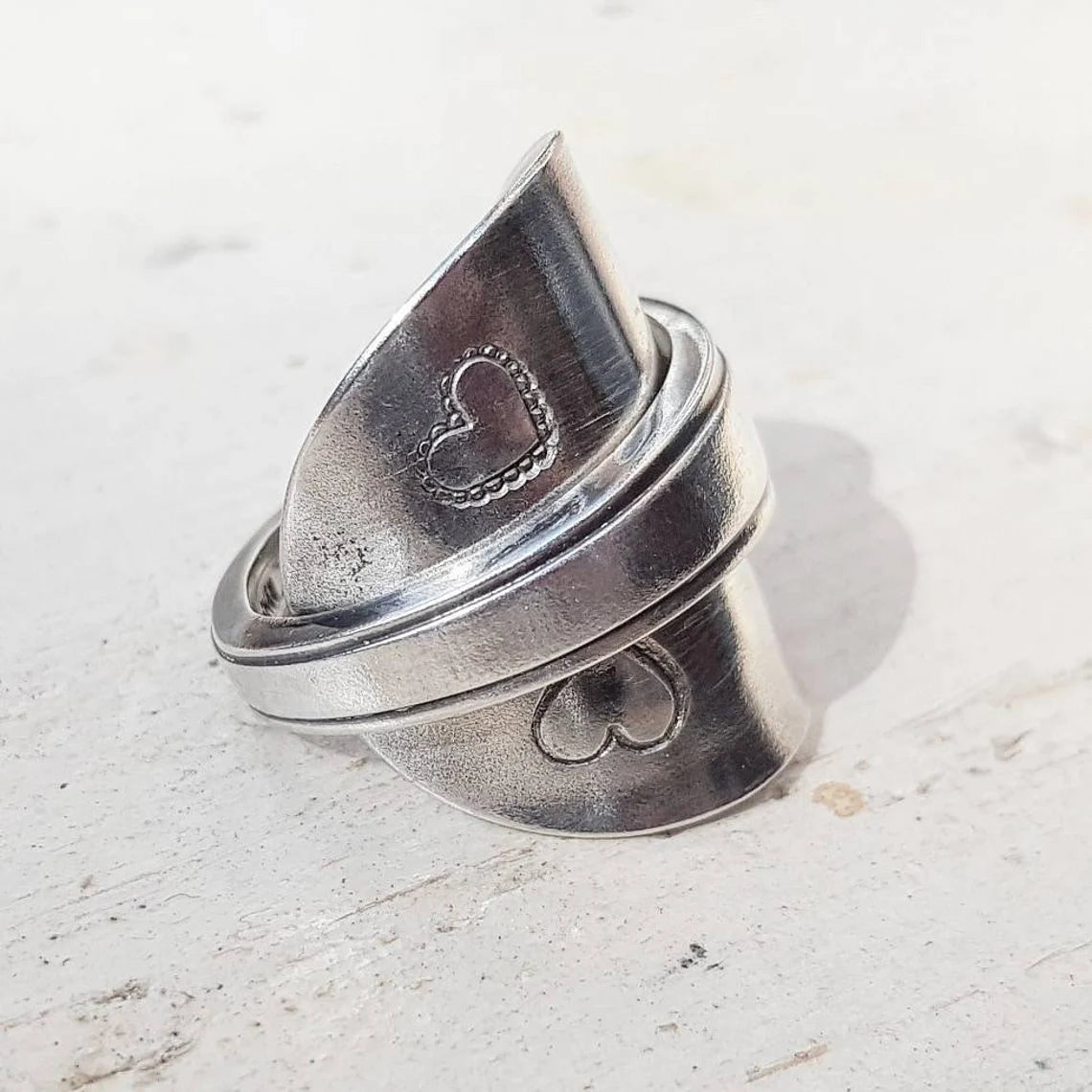 Vintage Art Deco Upcycled Spoon Ring - Heart Pattern
