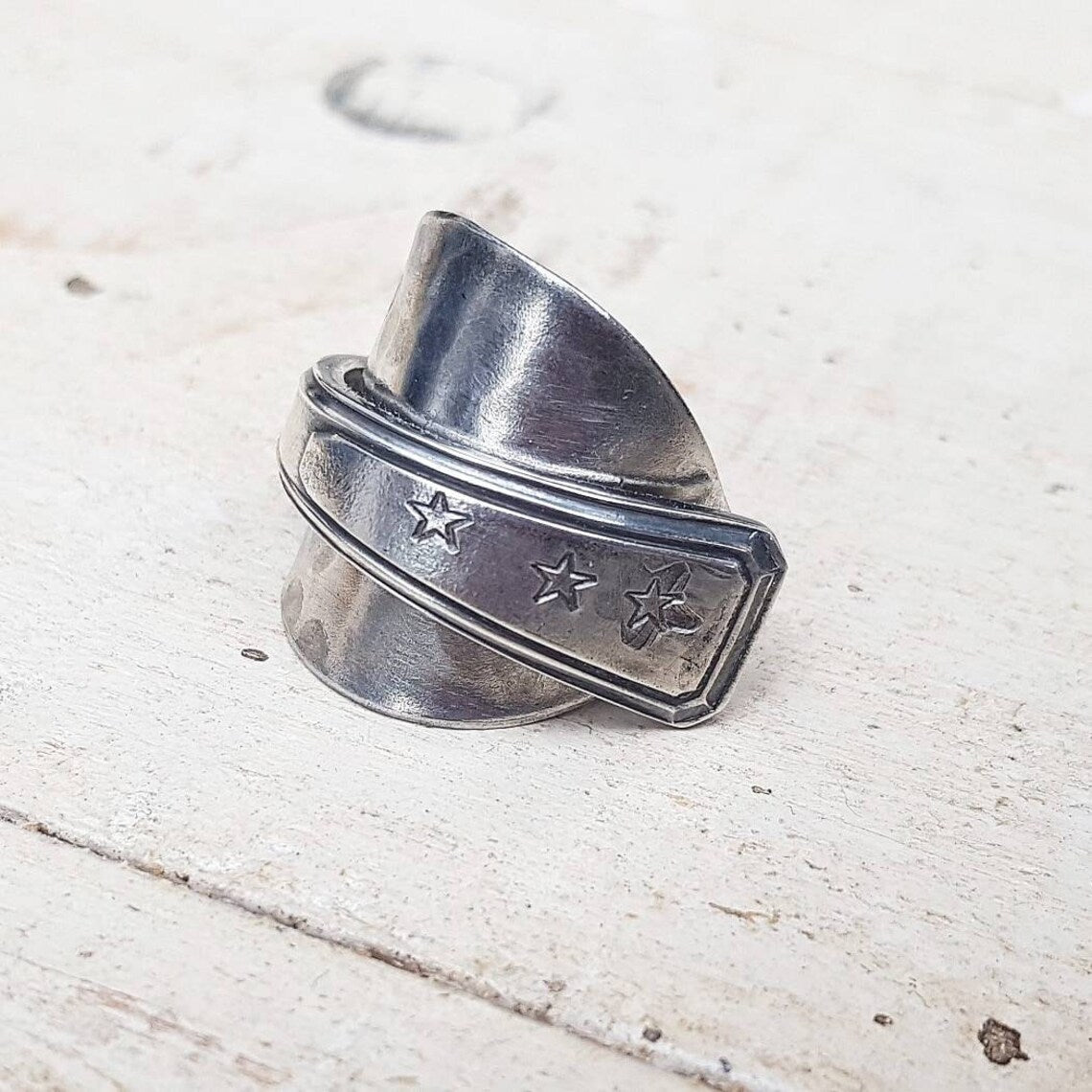 Unisex Upcycled Spoon Ring - Star Pattern - Men's / Ladies  Jewelry