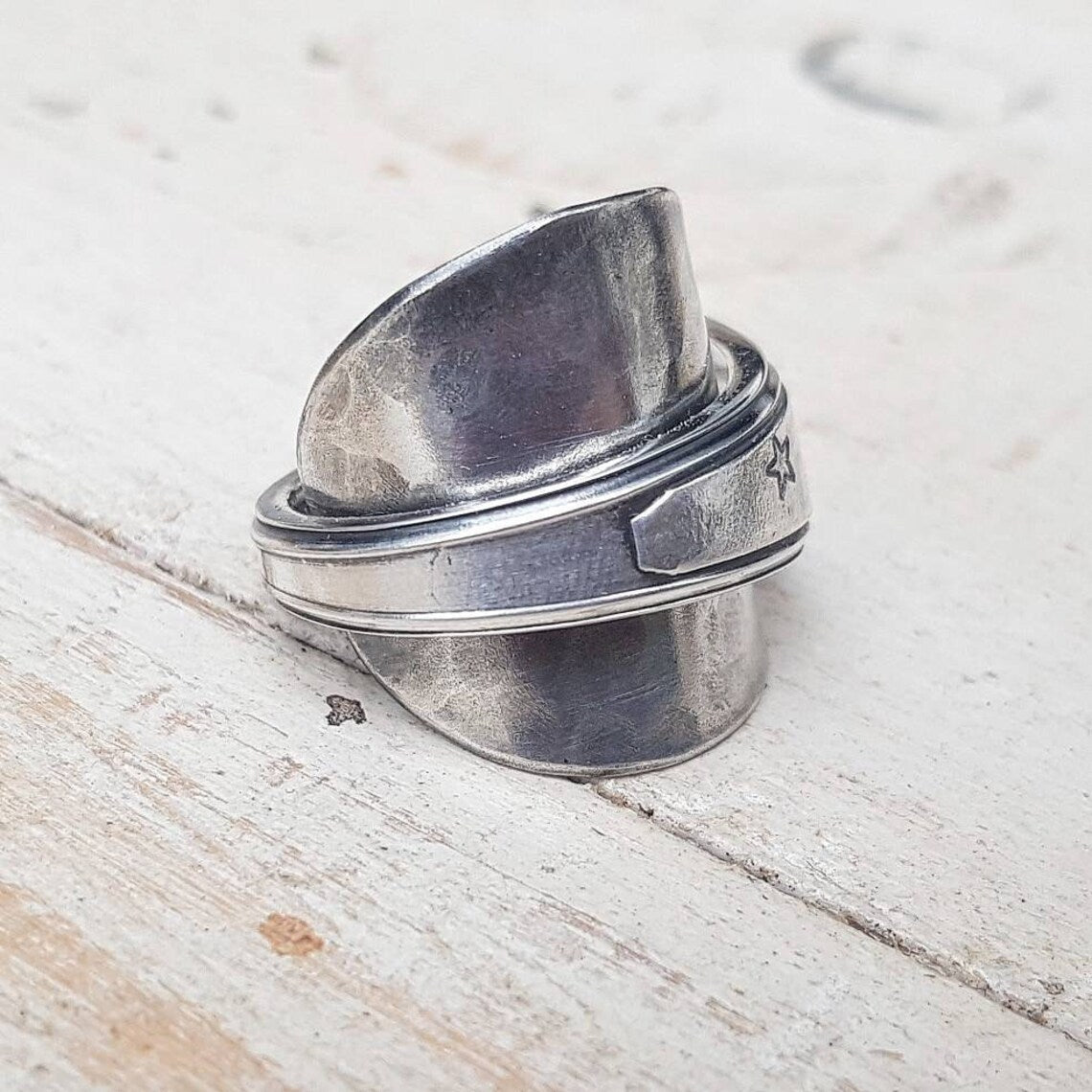 Unisex Upcycled Spoon Ring - Star Pattern - Men's / Ladies  Jewelry