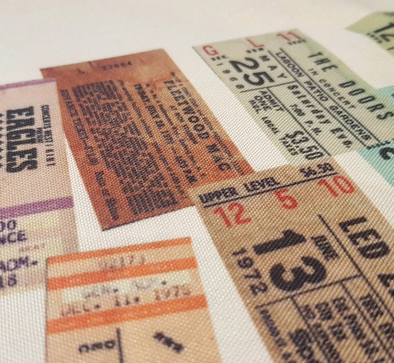 Classic Rock Bands - Vintage Concert Ticket Shopping Bag - Bowie - Floyd - Dylan - Beatles - Hendrix - Springsteen - Stones - Who