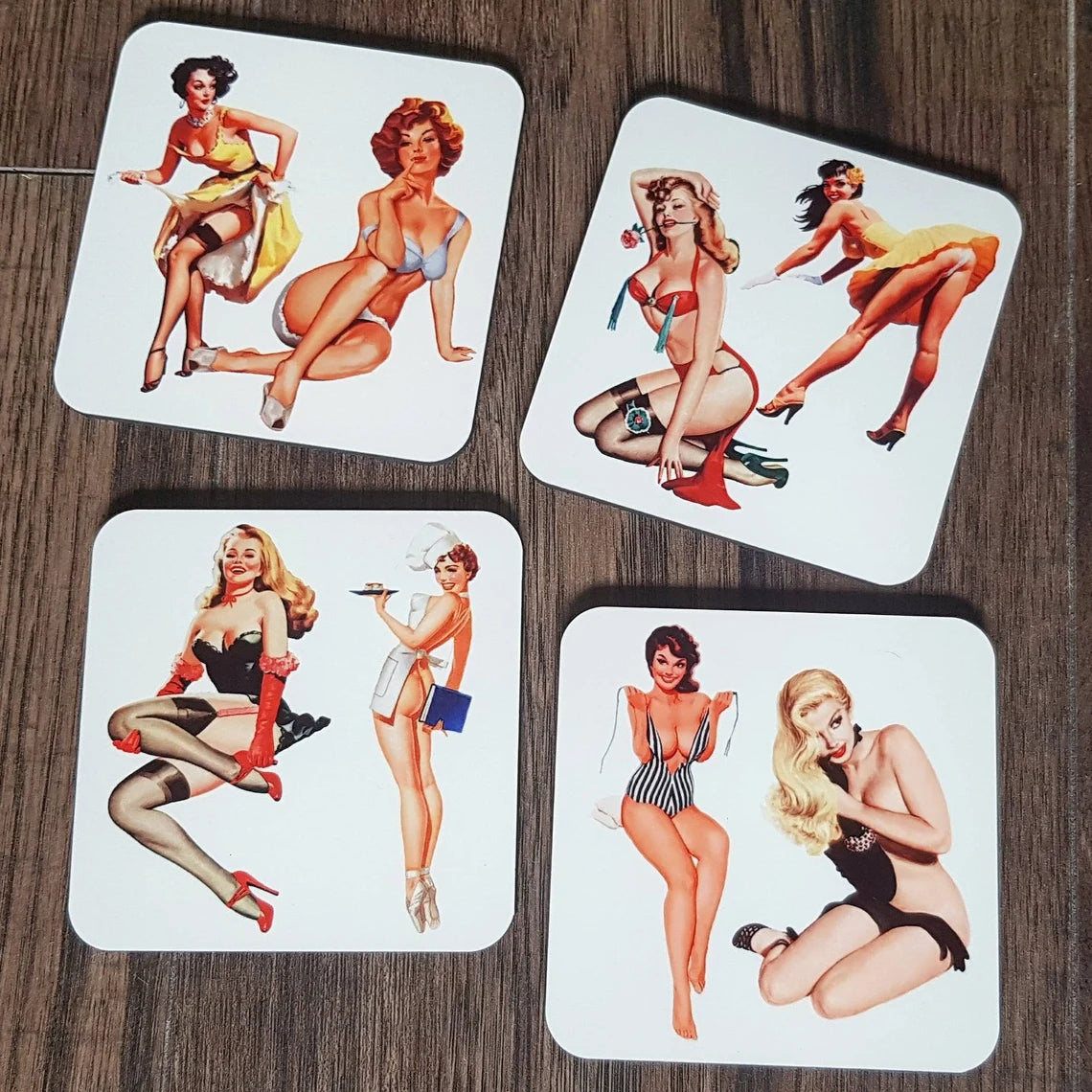 kitsch 50s style art pin up girls coaster set