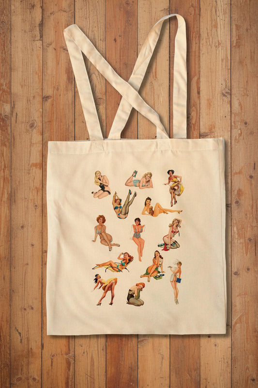 retro sexy pin up girls 50s art print shopping bag